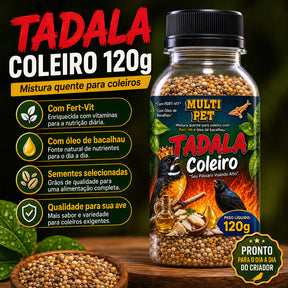 Ração Tadala Coleiro 120g Mistura Quente com Fert-Vit Óleo de Bacalhau e Anticoccidiano Pássaros Papa capim baiano
