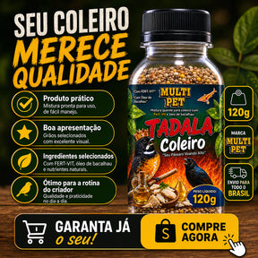 Ração Tadala Coleiro 120g Mistura Quente com Fert-Vit Óleo de Bacalhau e Anticoccidiano Pássaros Papa capim baiano