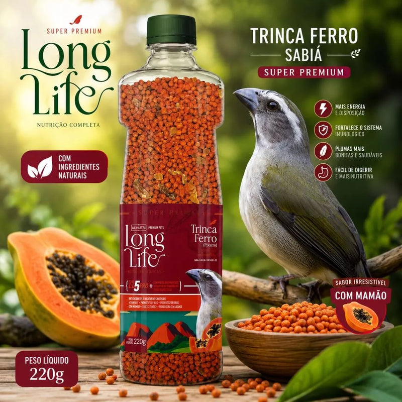 Ração Trinca Ferro Sabiá Long Life Super Premium 220g Extrusada Mamão Nutrição Completa